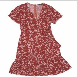 Jjwm Red Ruffled Floral Faux Wrap Tie Mini Dress